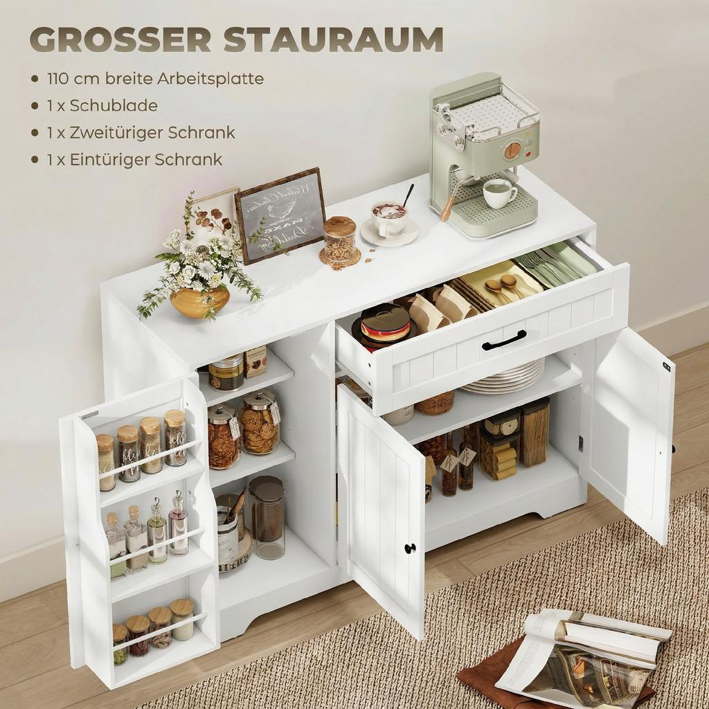 Credenza Moderna da Cucina con Cassetto, Ripiani Regolabili, Dispensa Piccola da Cucina con Scomparti a Porta, Bianco