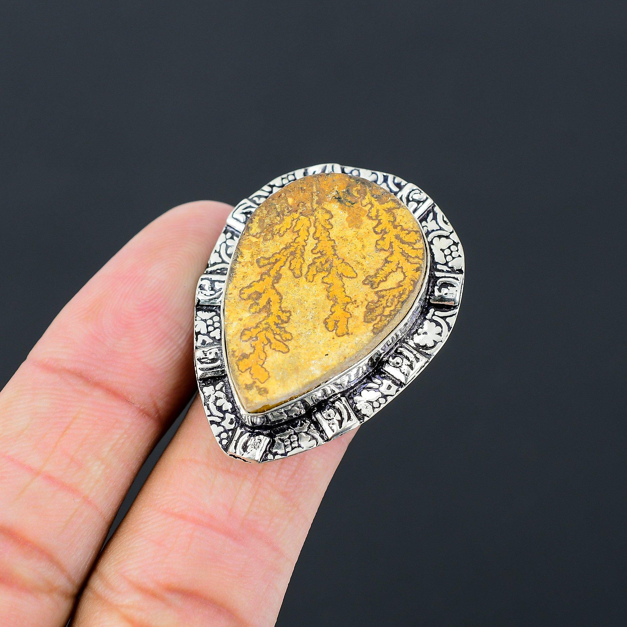 Стерлинговое серебро Псиломелан Дендритный драгоценный камень Кольцо-заявление Ювелирное изделие Размер 7.5 7.5