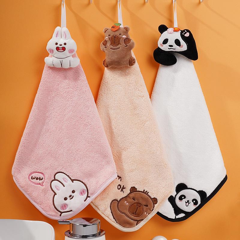 3D Cartoon Cute Hanging Hand Towel - Absorbent Coral Fleece Embroidered Cloth for Kitchen & Kids