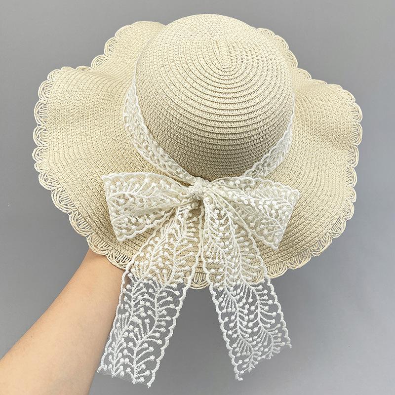 Women's Summer Korean Style Lace Trim Bowknot Wide Brim Sun Hat Sun Protection Straw Hat Beach Sweet Fisherman Hat