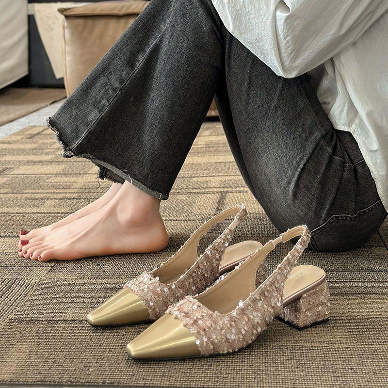 Fragrant Style Color Matching Square Head Thick Heel High Heel Single Shoes Women's 2025 New Elegant Temperament Light Mouth Empty Bag Head Sandals