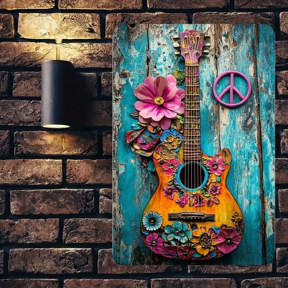 

Vintage Hippie Guitar Music Tin Sign 8x12 Inch Metal Wall Decor Home Office Bar Man Cave Art Easy Hang No Power Required 20x30