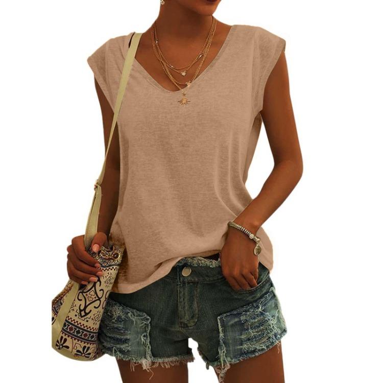 Women Fashion Casual V Neck Loose T-Shirt Solid Color Short Sleeve Top