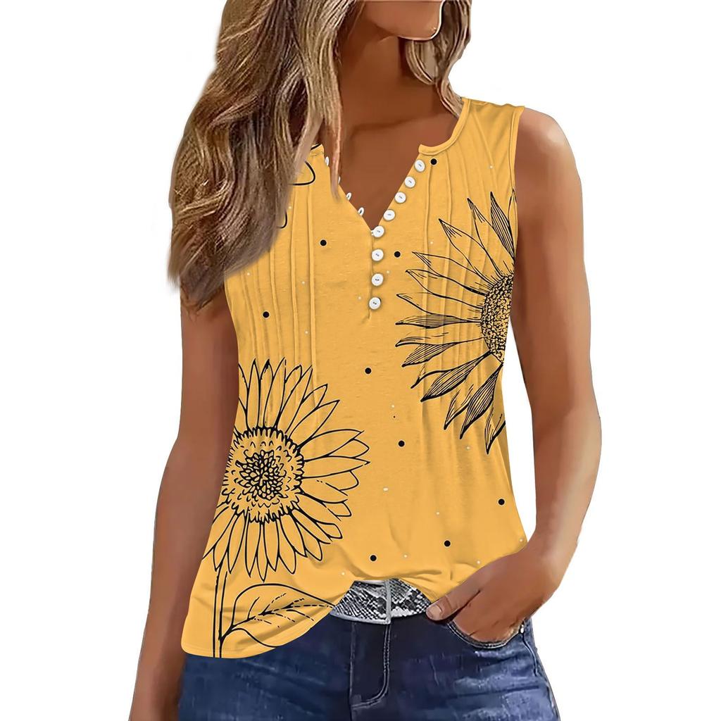 Women's Flowers And Plants Casual Loose Pleated Shirt V Collar Button-down T-shirt Shirt Sleeveless Vest Top