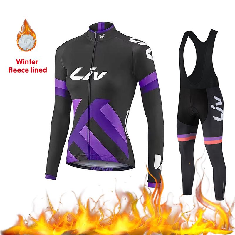 2026 Women's Cycling Suit Set Winter Velvet Long Sleeved Cycling Jersey Knitted Sweater Cycling Bib Warm Cycling Sports Shir