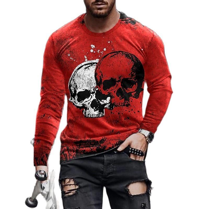 Retro Long Sleeve T-shirts For Men 3d Print Skull Long Sleeve Cotton Tops Street Hip Hop O Neck Pullover Oversized Tee Shirt Men