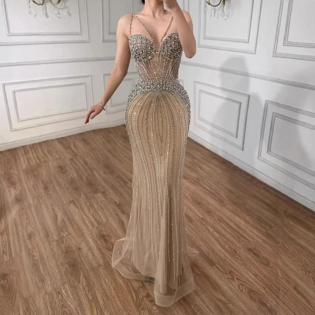 Purple luxury suspender beads light luxury niche solo performance banquet host evening dress dress LA11180