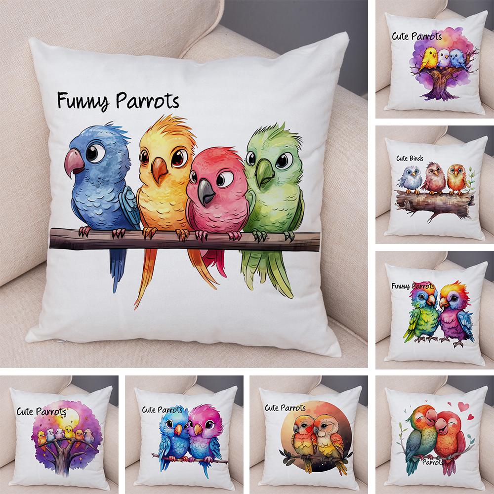 Double Print Cute Cartoon Funny Parrot Pillow Case Decor Animal Pillowcase Soft Short Plush Cushion Cover for Home Sofa Car