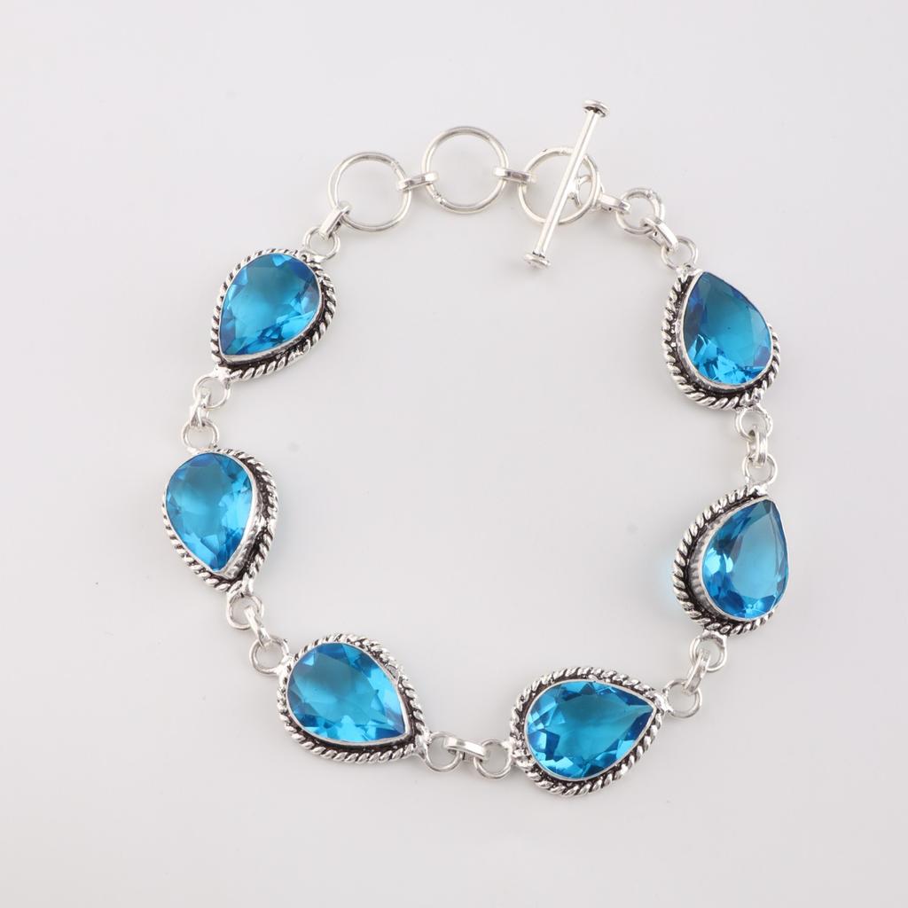Swiss Blue Topaz Gemstone 925 Sterling Silver Jewelry Handcrafted Bracelet 7-9" RB-18-2