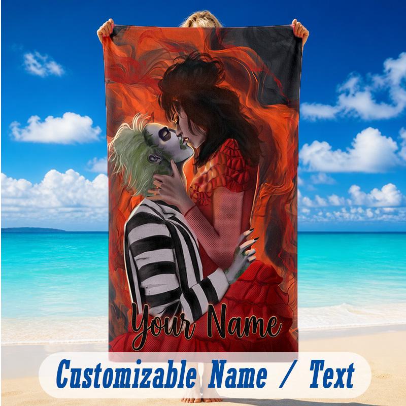 Beach Towel Custom Name Text, Quick Dry Large Towel For Beach HomeBeetlejuice Lydia Deetz