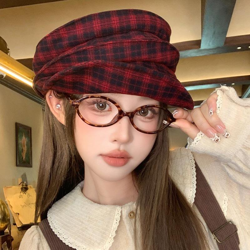 Japanese Literary And Retro Plaid Beret Women'S Spring And Autumn Versatile Newsboy Hat Personalized Casual Beret Tide