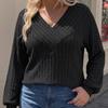 Women Plus Size Solid Color Knitwear Deep V Neck Long Sleeve Ribbed Knit T Shirt Top