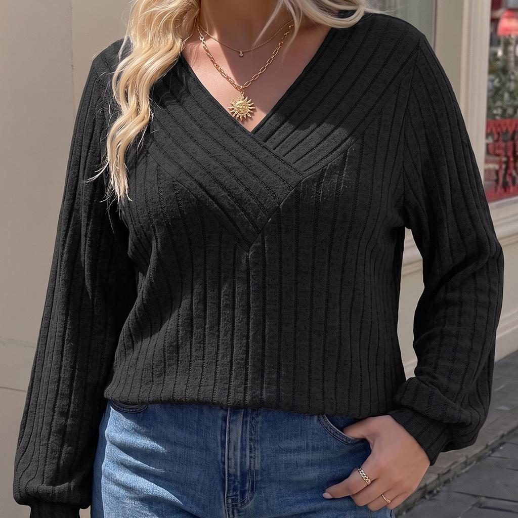 Women Plus Size Solid Color Knitwear Deep V Neck Long Sleeve Ribbed Knit T Shirt Top