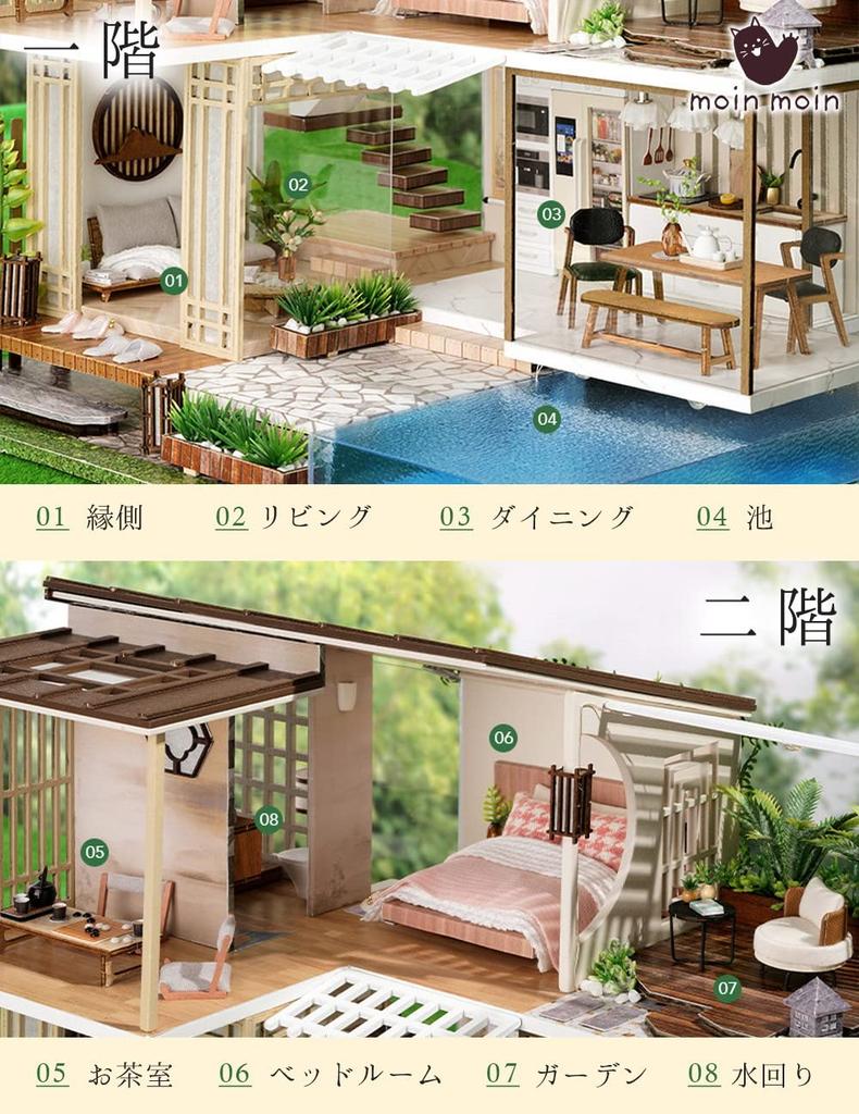 moin moin Dollhouse Miniature Handmade Kit Elegant and Quiet Japanese and Carefully Designed for a Carefree Includes LED Acrylic and Music Box Set