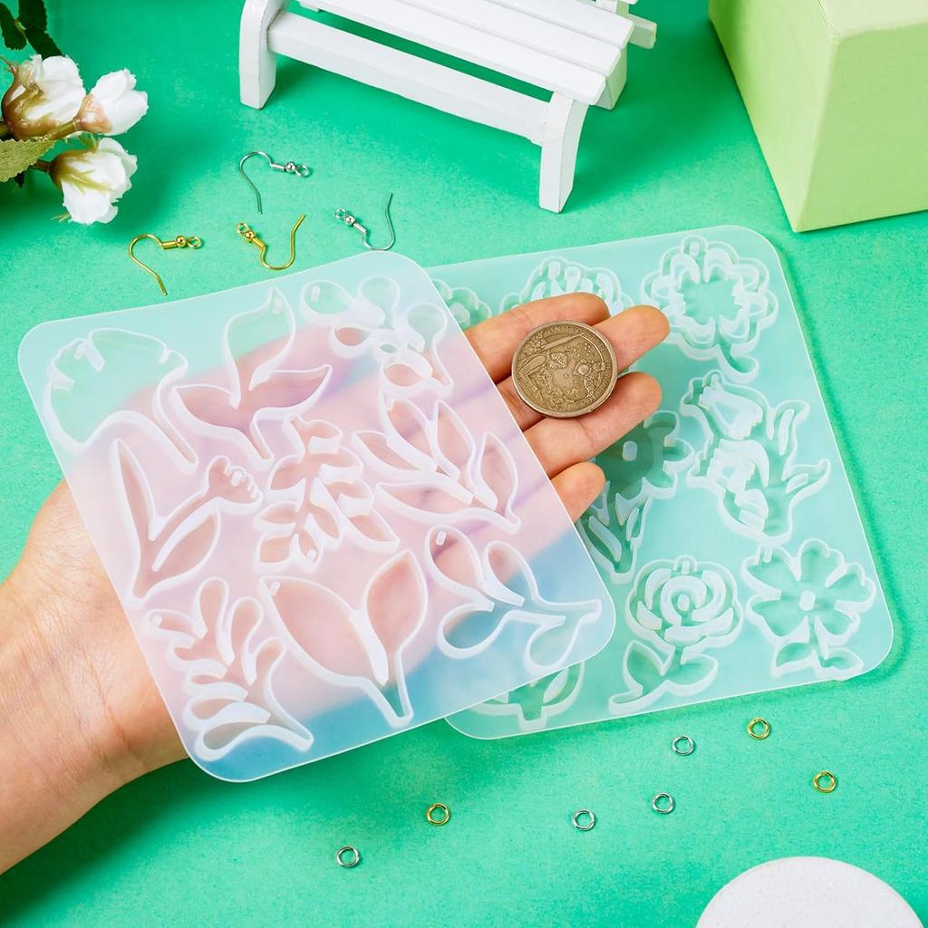 Elecrelive 2 Sets Flower Silicone Pendant Molds with Ear Wires Resin Jewelry Casting Molds for UV Resin Stud Dangle Earring Necklace Keychain Making