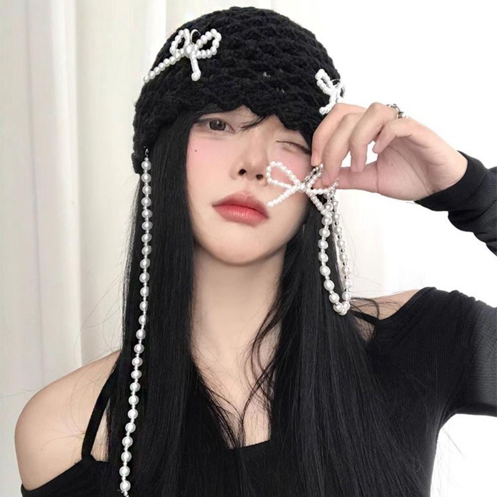 Hollow Out Crochet Knitted Hat Pearl Tassels Weave Cap Vintage Ethnic Style Hat  Outdoor