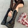 Damen Schwarz Gothic Mode Schuhe Runde Spitze Seitenreißverschluss Schnürung Damen Wadenhohe Stiefel Weihnachts Straßenparty Schuhe