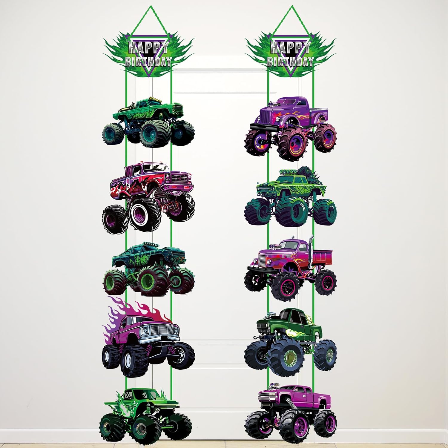 Green Purple Monster Truck Party Decorations, Truck Theme Banners Welcome Door Sign Monster Birthday Decorations Cutout Banner for Porch Sign Party