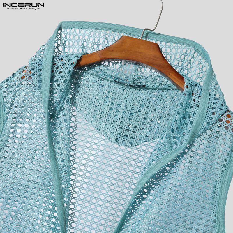 INCERUN Herren Mesh Durchsichtig Kapuzenweste Ärmellos Durchsichtig Strandurlaub Cardigan Tanktops