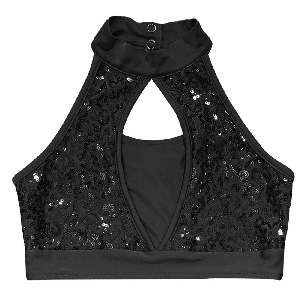 Girls Sleeveless Mock Neck Crop Top Sequin Patchwork Hollow Front Keyhole Back Dancewear