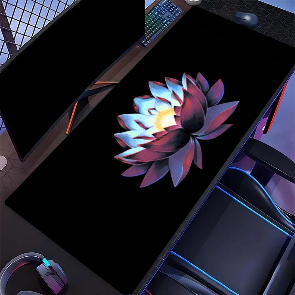 Neon Glowing Lotus Large Extended Gaming Mouse Pad Non Slip Desk Mat Dark Background Colorful Floral Art Keyboard Desk Mat
