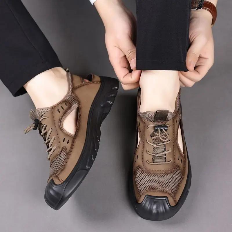 Fashion Closed Toe Men's Sandal Mesh Genuine Leather Luxury 2025 Summer Eva Japanese Breathable Number 41 Descount On Offer H Male Shoe