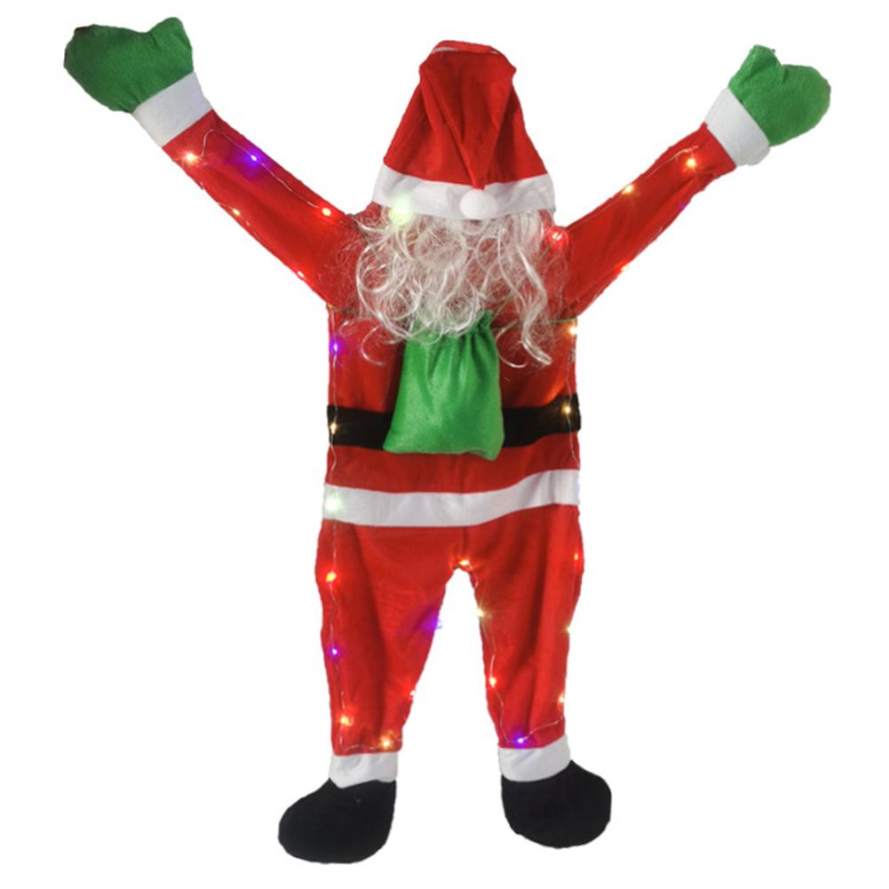 Fluffy Santa Claus Costume Hanging with LED Light Stuffed Hanging Climbing Santa Claus Suit for Xmas Tree Roof Gutter Yard Decor