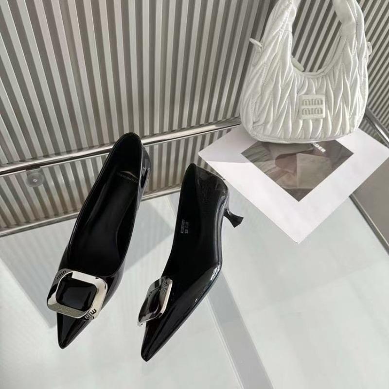 Black commuter professional pointed head thin heel light mouth single shoes nude square buckle patent leather high heels women's new models