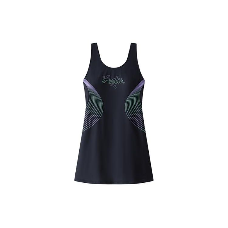 Anta Letter Print Round Neck Sleeveless Swim Dress Women Swimwear Black 1823531426-1