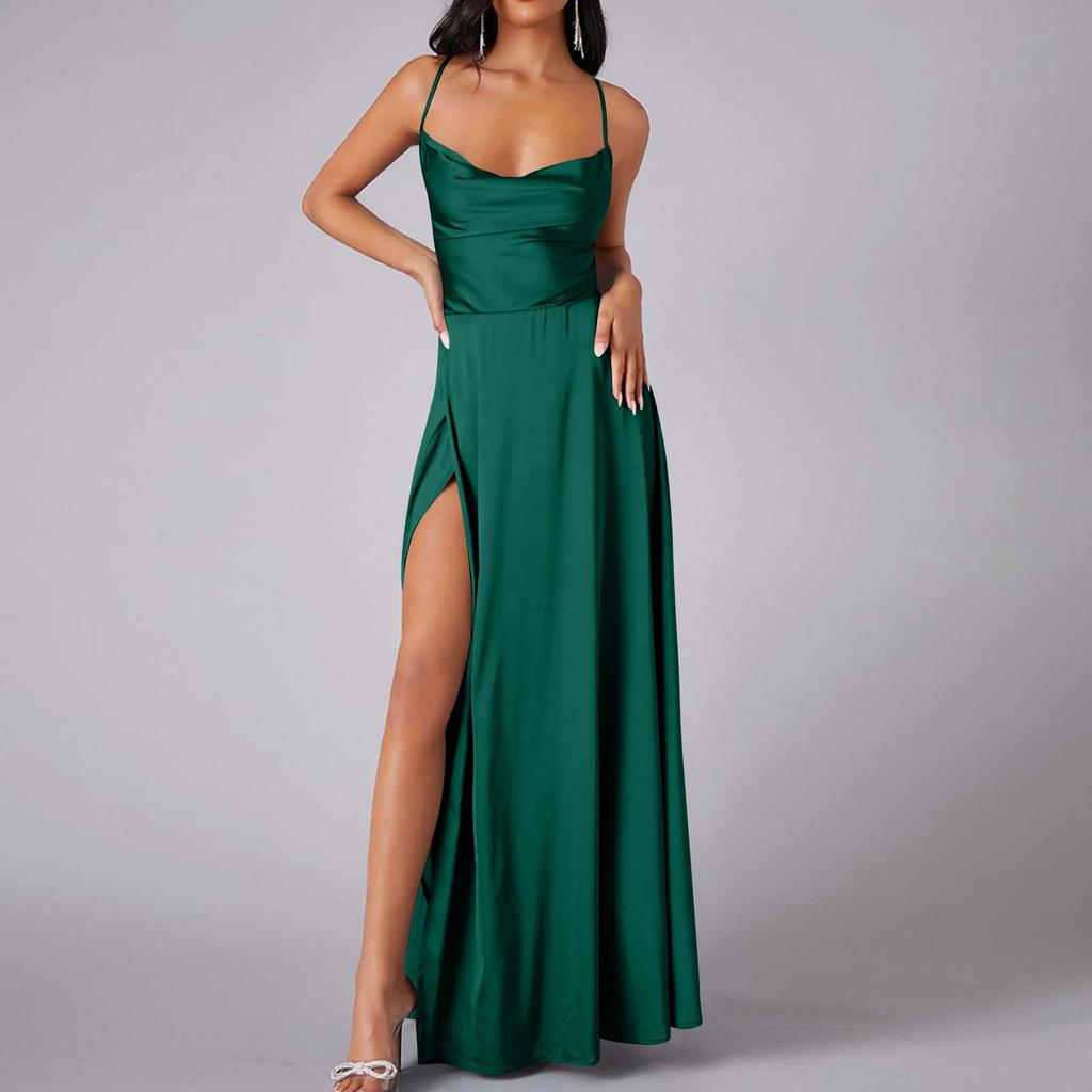 Women Summer Backless Long Satin Dress Cowl Neck Cross Spaghetti Strap Party Long Dress