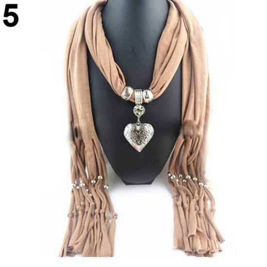 Women Fashion Soft Bead Tassels Scarf with Love Heart Charm Pendant Accessory