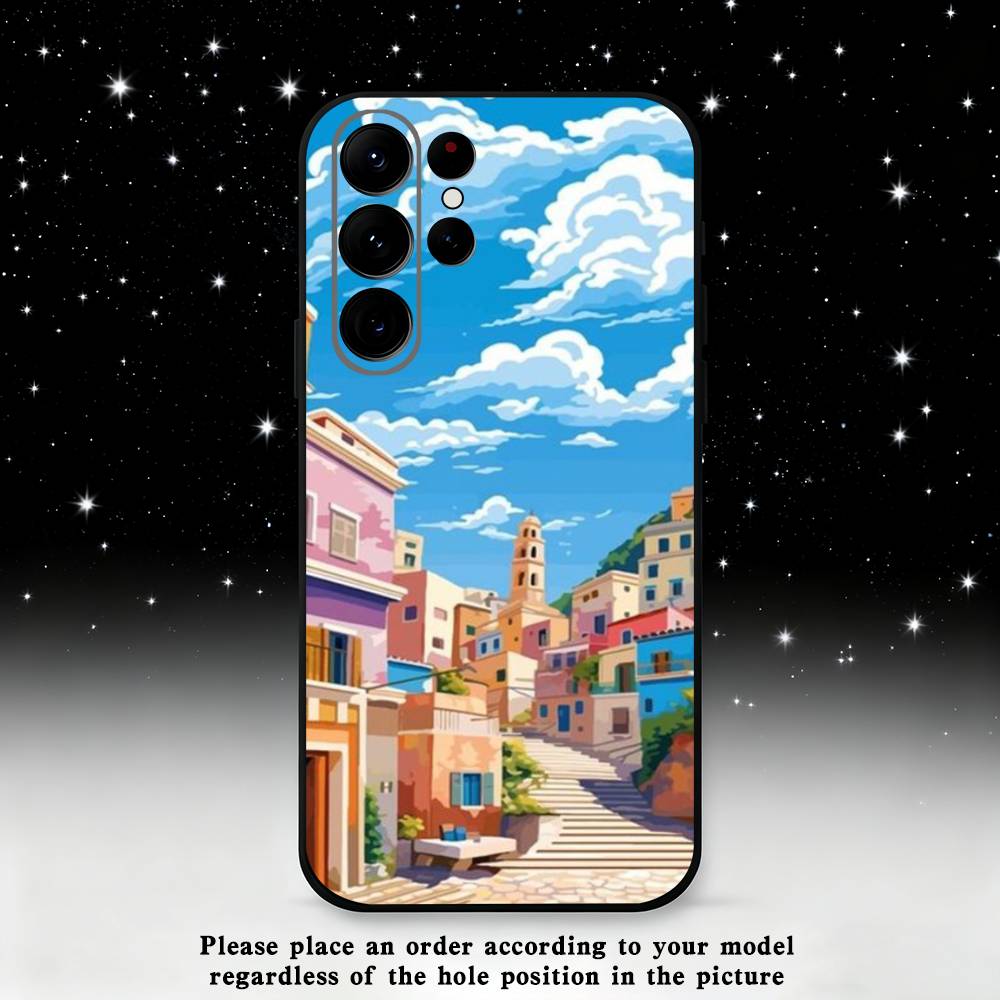 Stylized Houses Painting Phone Case For Samsung S25,S24,S23,S22,S21,S20,S10,Ultra,Plus,Lite,FE,Soft Silicone Black Cover