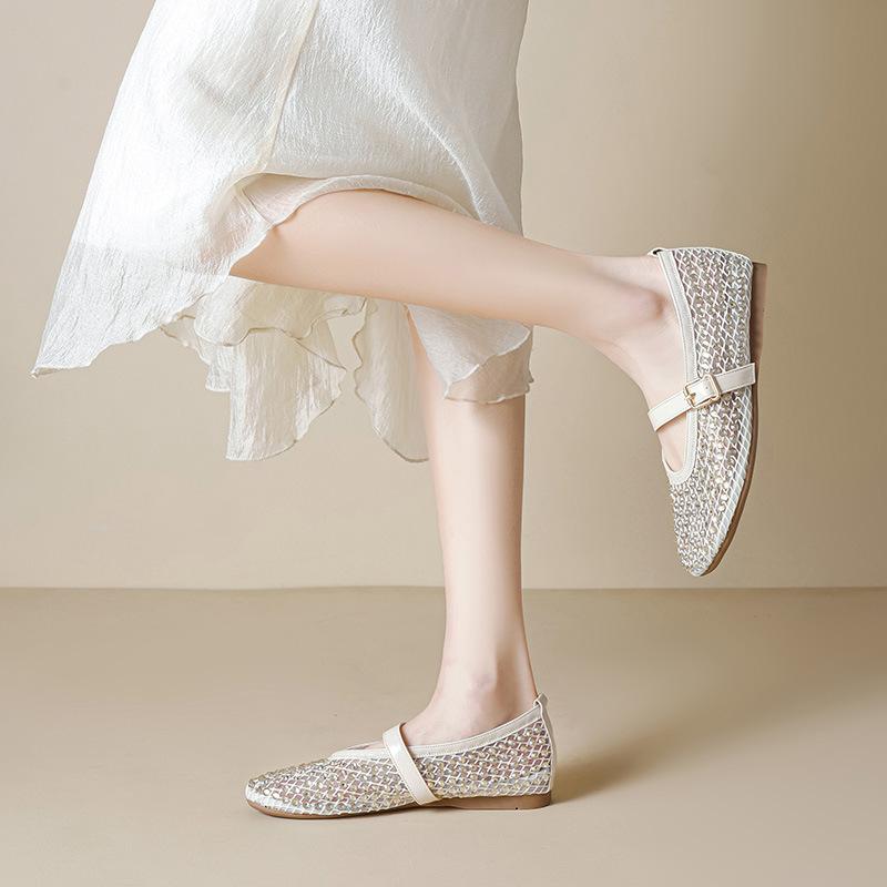 Augusteng Baotou Sandals Women's 2025 New Summer Wear Rhinestone Flat Bottom Mesh Hollow Mary Jane Shoes