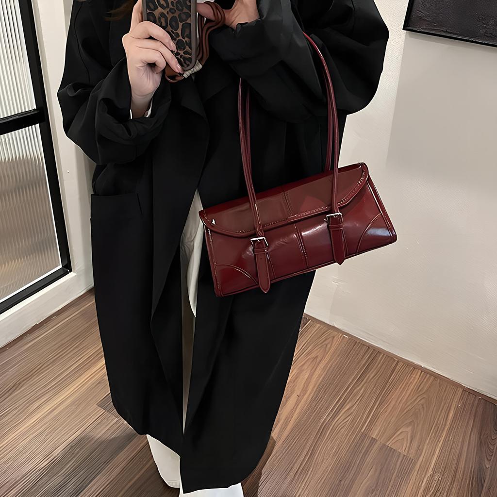 High End Burgundy Oil Wax Leather Underarm Bag Elegant Women's Magnetic Buckle Shoulder Bag Commuter Versatile Ladies Tote Bag CLE