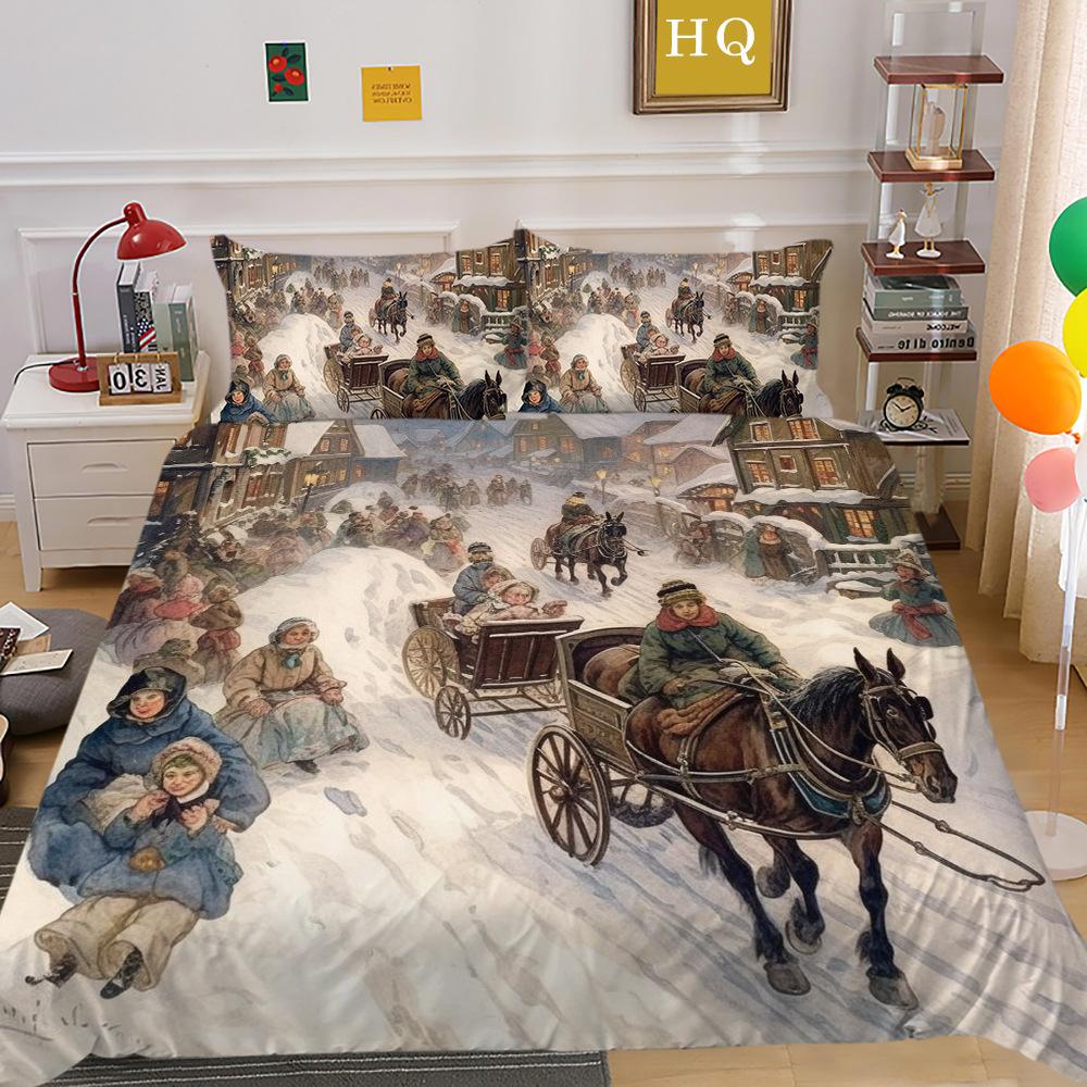 Christmas Carriage Snow Scene 3D Printed Polyester Pillowcase Quilt Cover Two Or Three-Piece Set Can Be