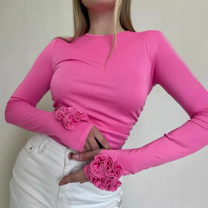 Европейский и американский весенне-осенний цветочный трехмерный дизайн однотонный длинный рукав топ S темно-розовый