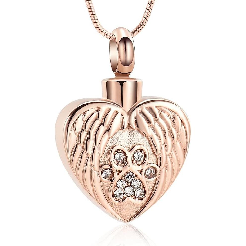 Heart Paw Print Urn Necklace for Ashes for Dog Cremation Jewelry Angel Wing Heart Urn Locket Pendant for Dog/Cat