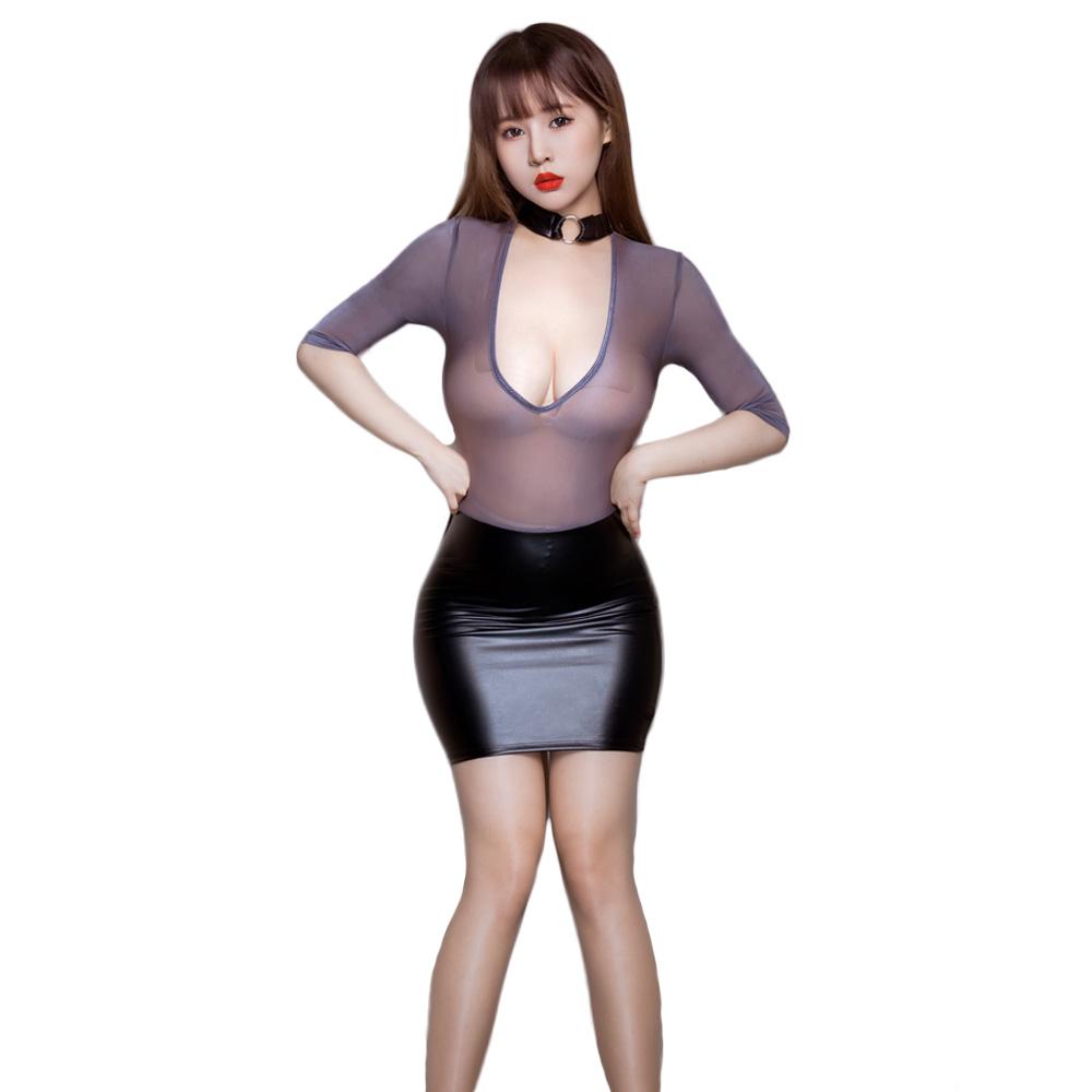 Sexy Wrap Hip Pencil Dress Sheer See Throug High Elastic Micro Mini Dress Oil Glossy Shiny Tight Bandage Cute Dress Double Use