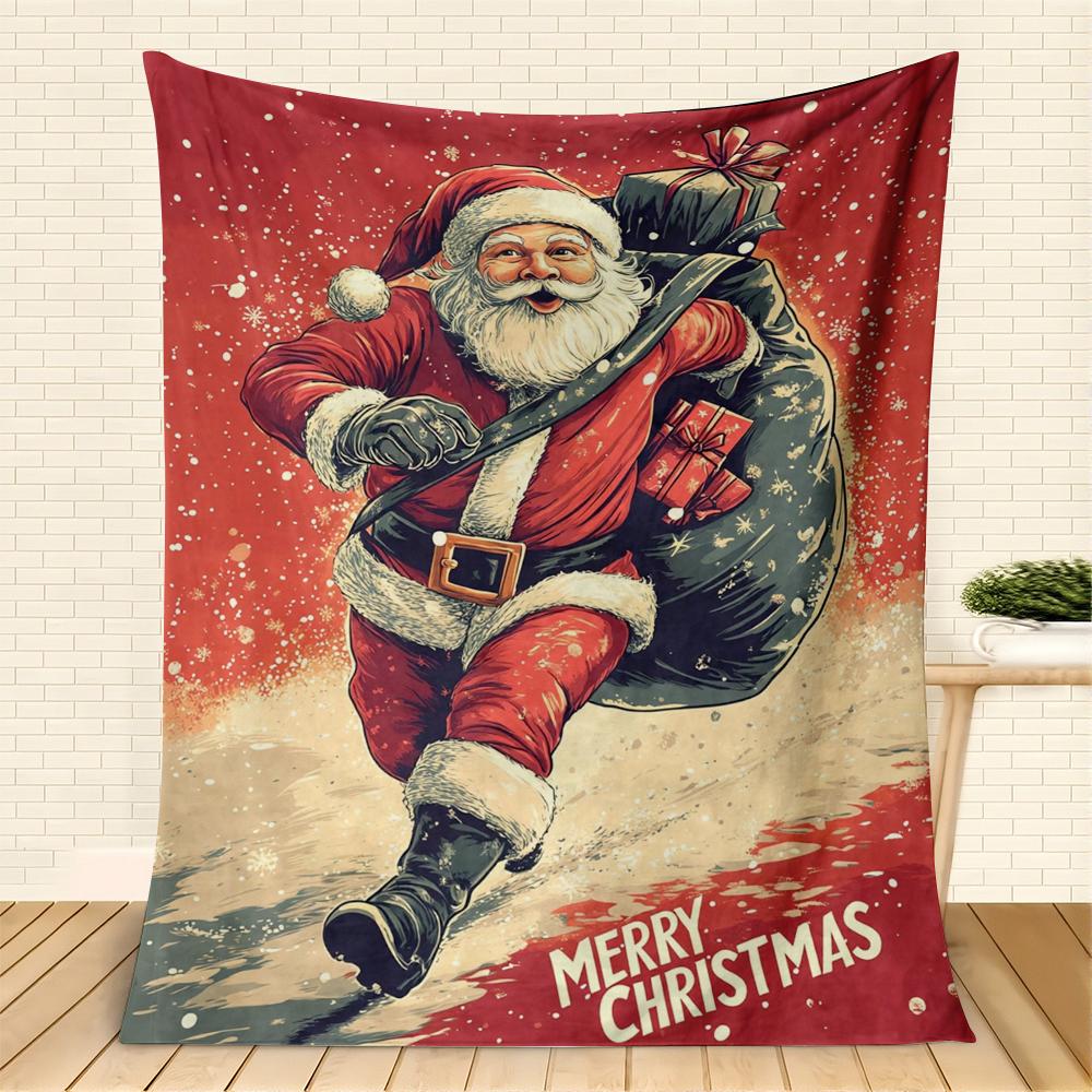 Vintage Santa Claus With Gift Sack Merry Christmas Blanket Retro Snow Soft Cozy Throw Blanket For Couch Bed Perfect Holiday Gift