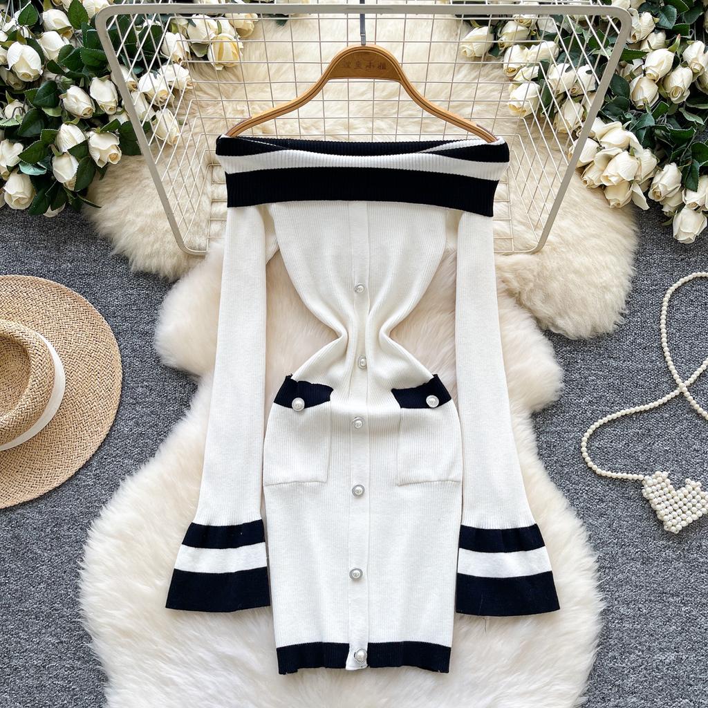 Kobiety Sukienka Bodycon z Odkrytymi Ramionami Jesień Długi Rękaw Metalowy Guzik Odzież Robocza Damska Dzianinowa Sukienka Mini w Bloki Kolorów Sexy