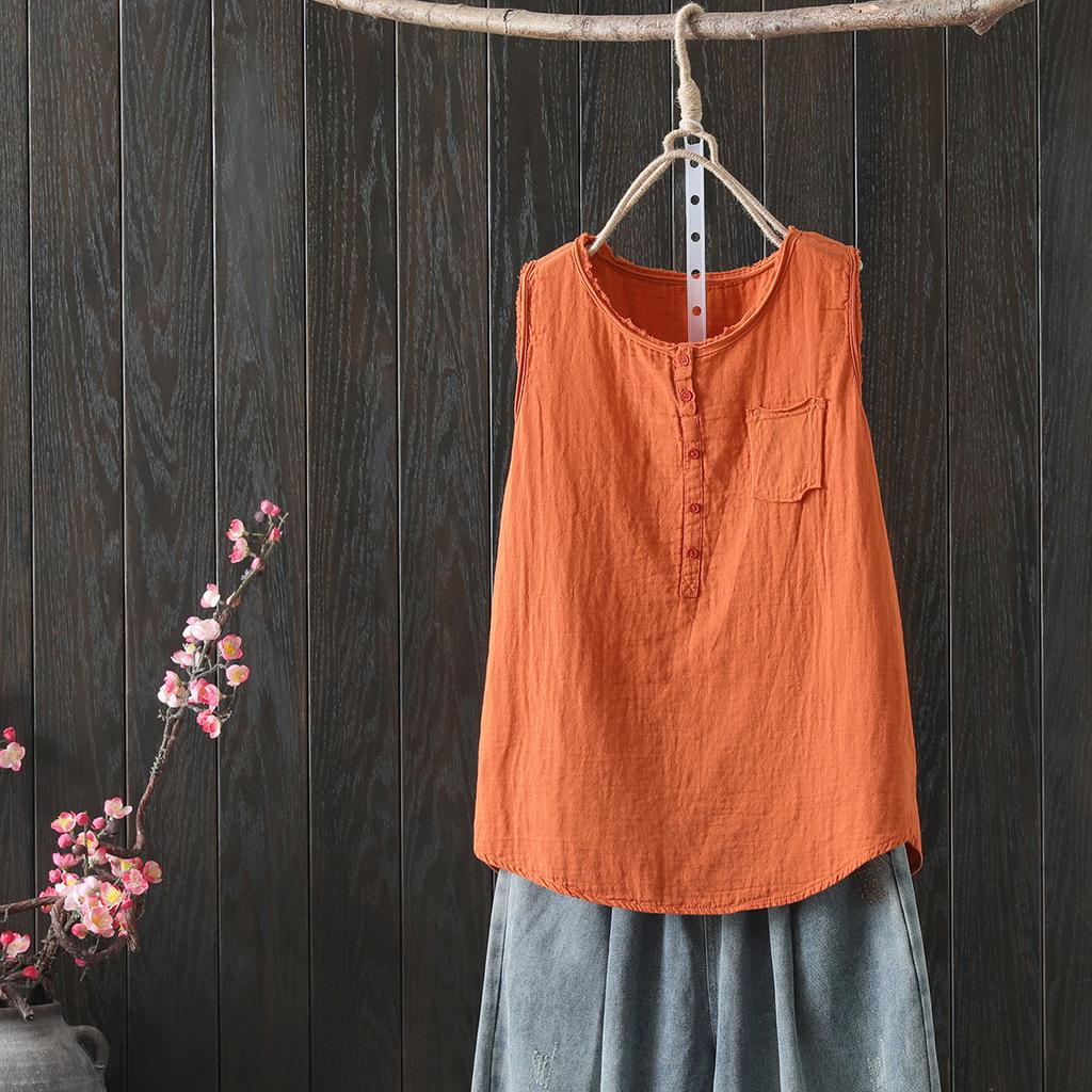 Women's Cotton Tank Tops Japan Fashion Summer Sleeveless Loose T-Shirts Tops Mori Girl Casual Button Down Shirts