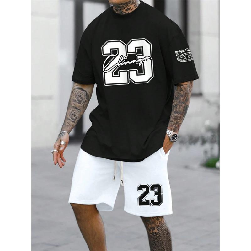 Men's Short Sleeve Shorts 2-Piece Tracksuit Fashion 23 Digital Printed Crewneck T-Shirt and Drawstring Shorts Set