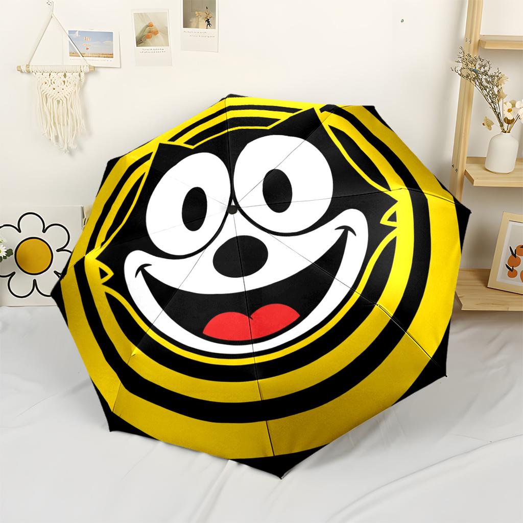 Happy Cat Icon Design Portable Automatic Umbrella with 8-Rib Foldable Design for Outdoor Daily Use Fashionable Accessory