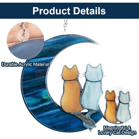Blue Moon Cat Window Decoration Hanging,Alloy Cat Stained Painting Window Hangings, Acrylic Moon Decoration for Wall Courtyard Gift Pet Animal Cat