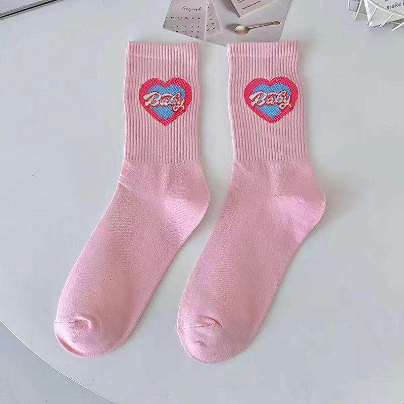 

Розовые носки до середины икры с сердечками для женщин - Модные милые носки в японском стиле для весны/осени One Size