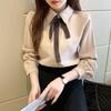 Preppy Style Bow Button Solid Color Sanding Shirt Spring Autumn New Peter Pan Collar Long Sleeve Loose Top Women's Clothing