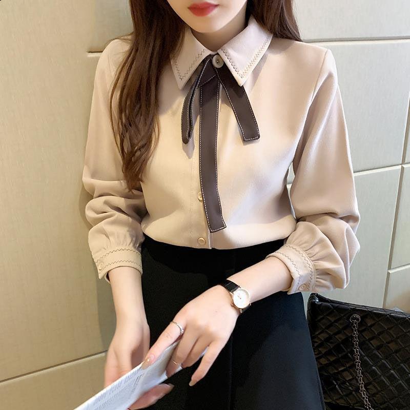 Preppy Style Bow Button Solid Color Sanding Shirt Spring Autumn New Peter Pan Collar Long Sleeve Loose Top Women's Clothing
