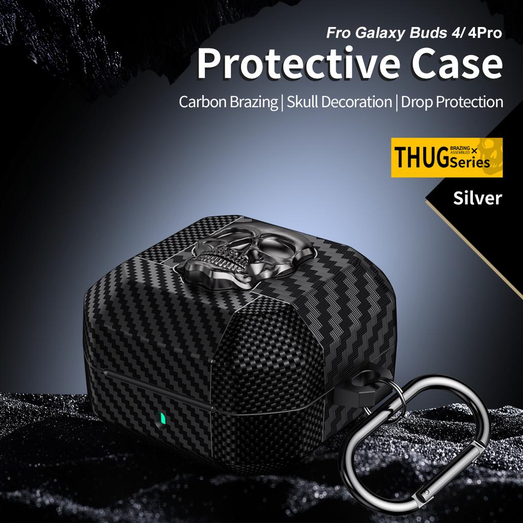 High End Gothic Suit Thug Skull Series Earphone Case For Samsung Galaxy Buds 4 4Pro Headphone Cover Carbon Fiber Capa With Hook