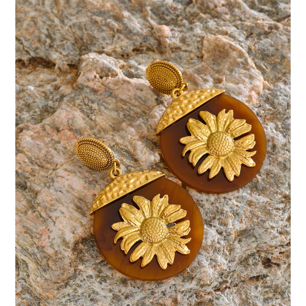 Eetit New Resin Acrylic Round Sun Flower Drop Dangle Earrings Golden Stainless Steel Autumn Winter Style Jewelry Waterproof Gift