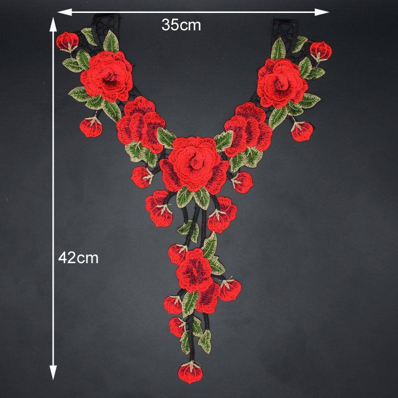 1 buc Floare Brodată Trandafir Roșu Ciucure Guler Flora Frunză Aplicații Rochie Cusut Patch Decorațiune Rochie de Mireasă